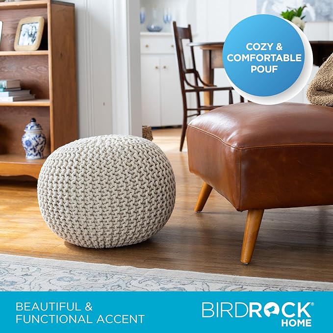 BIRDROCK HOME Round Pouf Ottoman | Cotton Braided Foot Stool with Bean Bag Filling | Boho Foot Rest for Living Room & Bedroom | Compact & Comfortable Seating, Lightweight & Soft | Natural