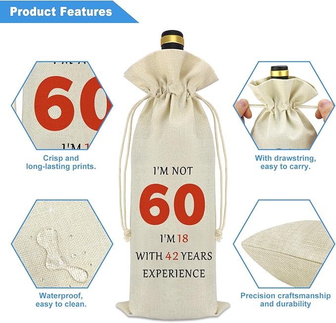 60th Gifts Idea 60th Birthday Decorative Wine Bag Funny 60 Year Old Birthday Gifts for Women Men Happy 60th Birthday Retirement Gift for Grandmother Grandpa Aunt Dad Mom Birthday Party Wine Bottle Bag