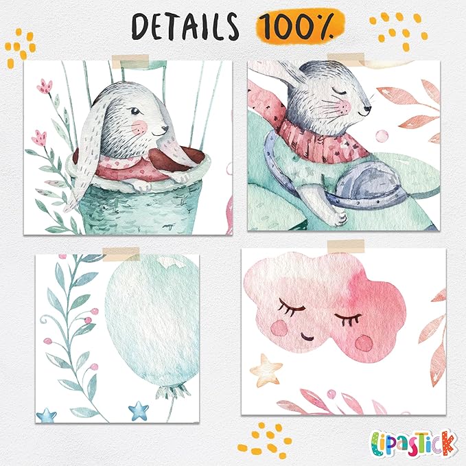 Bunny Wall Decals for Kids by Lipastick - 69 pcs Rabbits Wall Stickers Peel and Stick - Hot Air Balloon Wall Decals for Girls Boys Kids Baby Nursery Room Bedroom - Bunies Wall Decor Aircraft M Size