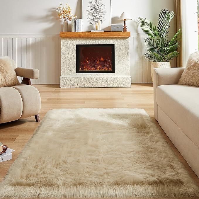 AMTOVO Faux Fur Sheepskin Rug for Living Room, 4 x 6 ft Beige Fluffy Area Rug for Bedroom, Playroom, Luxury Room Decor, Rectangle
