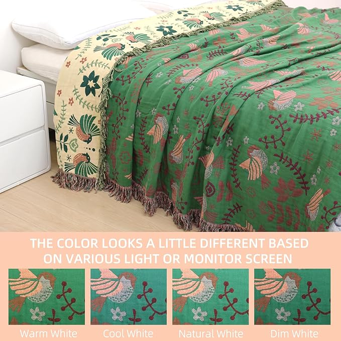 Boho Throw Blanket for Bed, 100% Pure Cotton Ultra Soft Rustic Quilt, Farmhouse Decor Bed Blankets, All Season Rustic Throw for Sofa Couch Chair(60"×80", Bird B)