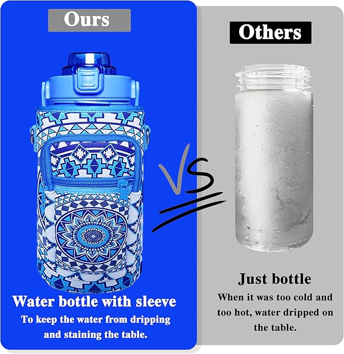 64 oz Water Bottle with Straw Sleeve & Strap Motivational Half Gallon Water Jug with Handle for Gym Women Men Aesthetic Water Bottle with Strap Datura