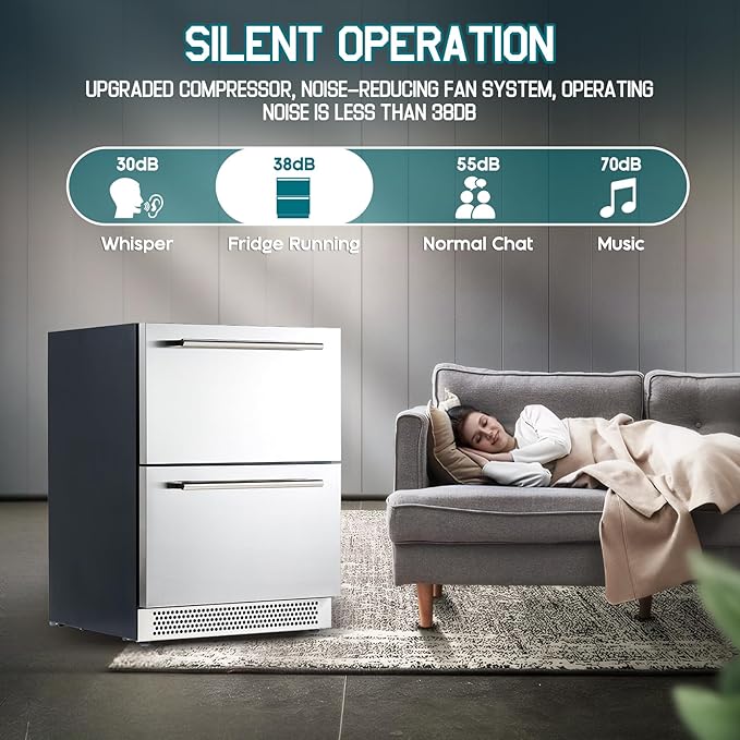 Albott 24 Inch Under Counter Drawer Fridge – Stainless Steel Dual-Zone Beverage Refrigerator with LED Touch Control, Adjustable Storage, Frost-Free, Low Noise, 37℉-50℉, -0.4℉ to 37℉
