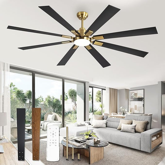 72 inch Black and Gold Ceiling Fans with Lights and Remote, Indoor/Outdoor Ceiling Fan for Patio Living Room, 6 Speed Reversible Quiet DC Motor, 3 CCT, Dual Finish Blades