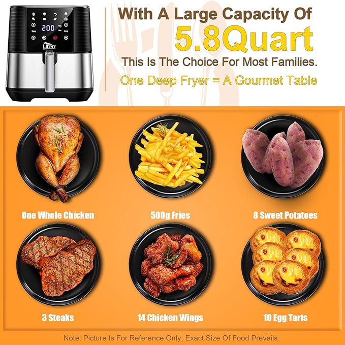 5.5L Air Fryer, Electric Oilless Cooker with LED Digital Touchscreen, 7 in 1 Uten Hot Oven Cooker, 6 Quart Large Stainless Steel Non-Stick Air Frier Pot, 1700W(Silver Black)