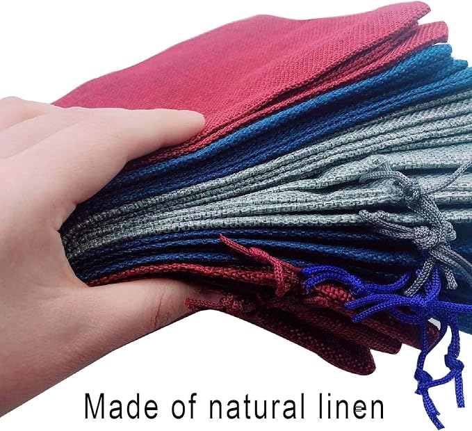 12 Pack Burlap Wine Bag Wine Bottle Gift Bags Pouches with Drawstring for Wedding Party Favors Christmas Holiday and Wine Tasting Party (Wine Red, Gray, Blue)