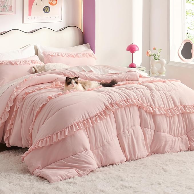 Bedsure Pink Comforter Set Queen - Ruffle Comforter, Cute Shabby Chic Boho Bedding Comforter Set for Girls, Lightweight Fluffy Soft Bed Set with 2 Pillow Shams