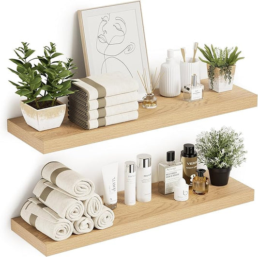 10 inches Deep Floating Shelves 36 inch Long, Large Oak Wall Shelves Heavy Duty 70 lbs for Bedroom, Bathroom, Living Room, Kitchen, Office, Modern Shelf Home Decor with Invisible Bracket