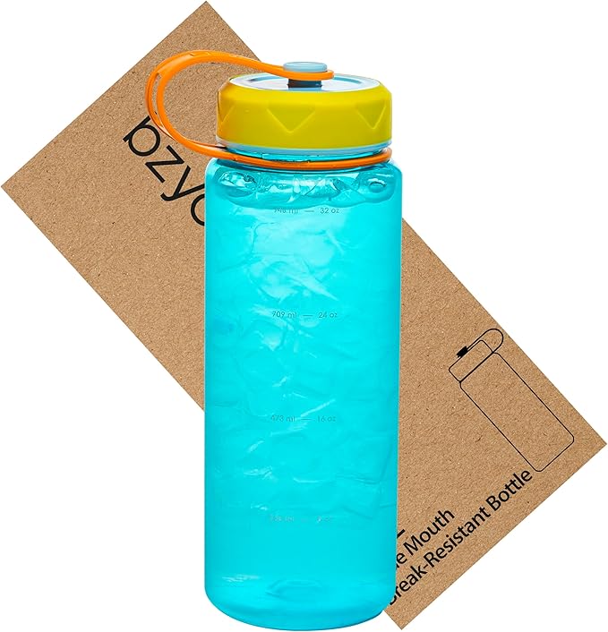 bzyoo HydroPop 36oz Water Bottle w/Strap - Leak-Proof, Hydration Intake Tracking Measurement, Wide Mouth for Ice. Perfect for Gym, Travel, Outdoor - Color Blue