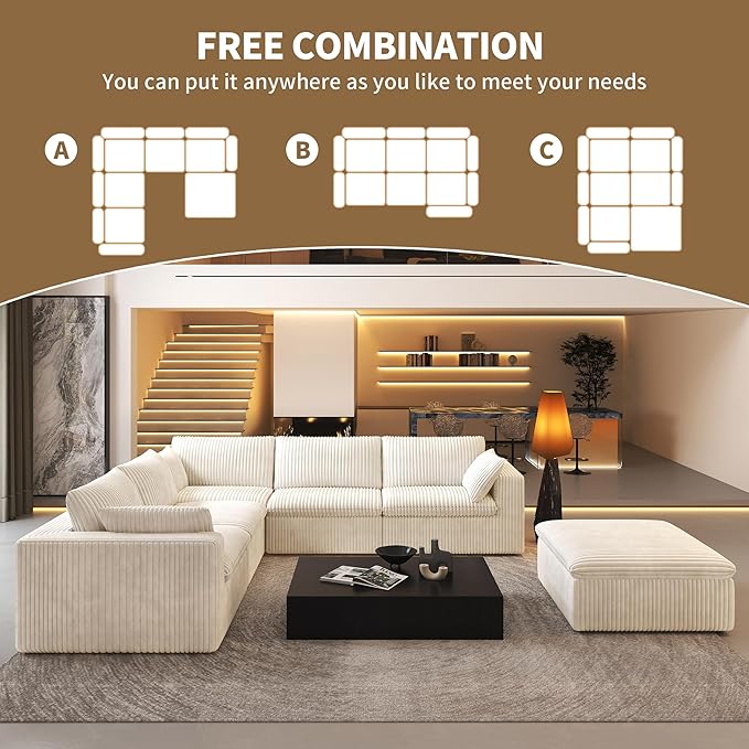 118" 6-Seater Cloud Sofa,Modular Sectional Couch with Ottoman,Modern Deep Seat Upholstered Couches with Plush Corduroy Fabric for Living Room Furniture,Bedroom and Apartment,No Assembly Required,White