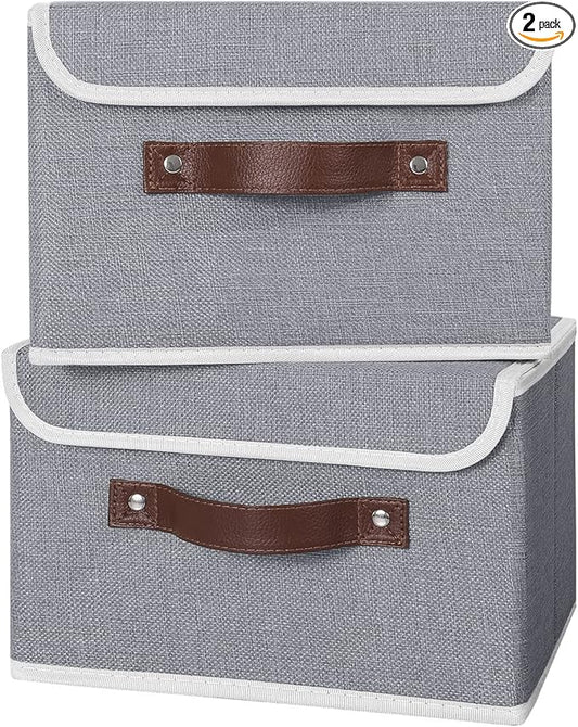 ANMINY 2PCS Storage Bins with Lid PU Leather Handles Storage Boxes PP Plastic Board Decorative Foldable Lidded Cotton Linen Fabric Home Cubes Baskets Closet Organizer Containers - Gray, Small Size