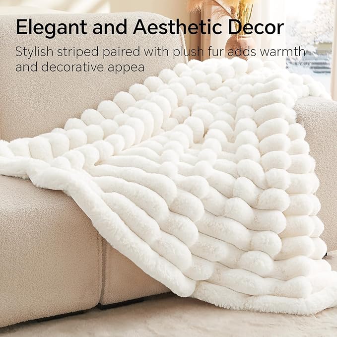 BEDELITE Faux Fur Throw Blanket for Couch, Soft and Cozy Luxurious 3D Striped Fluffy Blanket, 770GSM Thick Warm Plush Fuzzy Faux Rabbit Fur Blanket for Women Gift (Cream, 50"x 60")