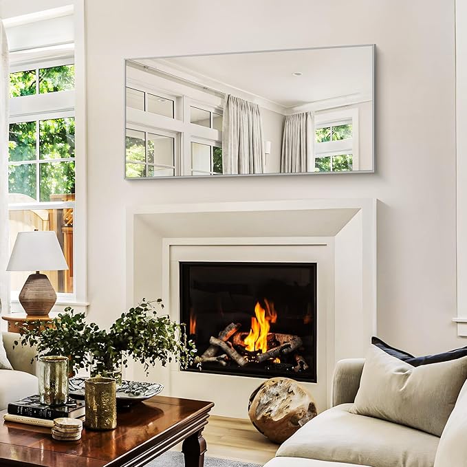 48x24In Silver Bathroom Mirror for Wall, Brushed Nickel Rectangle Mirrors with Metal Frame, Bathroom Rectangular Mirror Modern Wall Mirror for Bedroom Living Room, Hangs Horizontal or Vertical