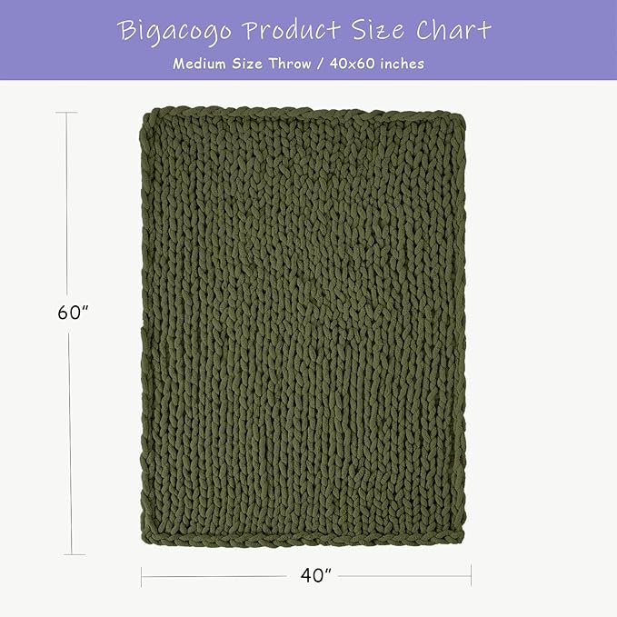 Bigacogo Chunky Knit Throw Blanket for Couch, 40x60 inches, 100% Hand Knitted with Thick Jumbo Chenille Yarn, Cozy Soft Large Rope Knot Cable Crochet Blankets for Sofa Bed Living Room, Yellow Green