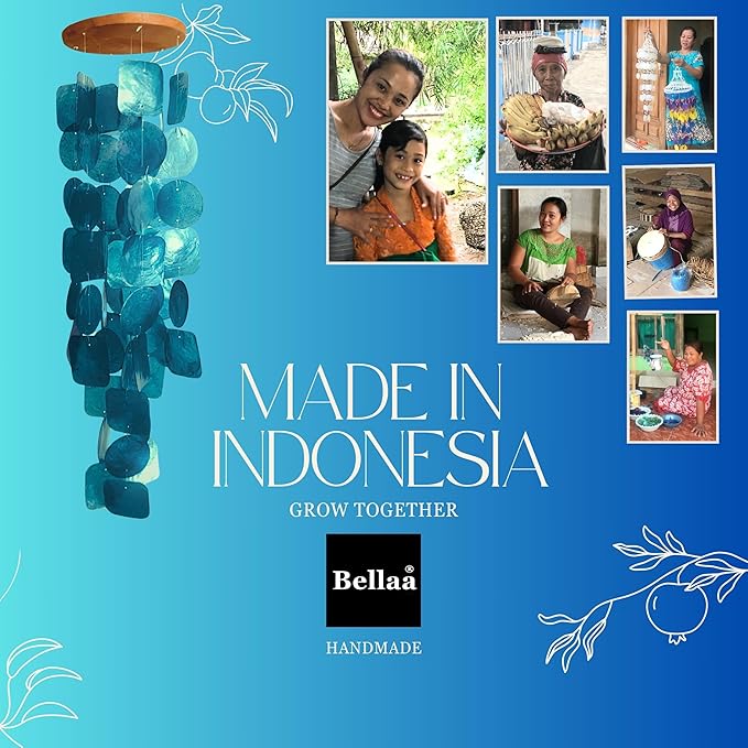 Bellaa 24834 Wind Chimes Outdoor, Garden Decorations, Musical, Indoor/Outside Windchimes, Beach, Ocean Breeze, Gifts for Mom, Gift for All Occasions, Capiz Sea Glass Shells Wood American Patriotic
