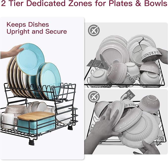 BOOSINY 2 Tier Black Large Stainless Steel Dish Drainers Drying Rack for Kitchen Counter with Drainboard, Rust Proof Metal, Space Saving, Modern Aesthetic, Compact Plates Strainers with Extra Mat