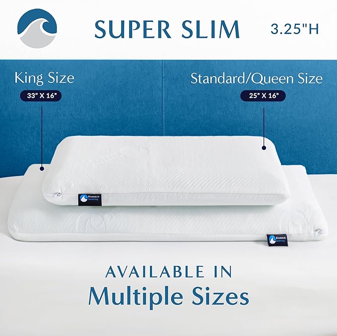 Bluewave Bedding Super Slim Gel Memory Foam Pillow for Stomach and Back Sleepers - Thin, Flat Design for Cervical Neck Alignment and Deeper Sleep (3.25-Inches Height, Standard Size)