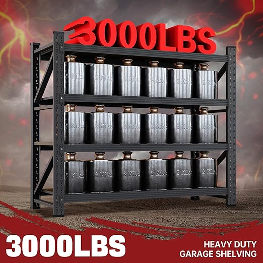 3000LBS Storage Shelves,48" W Garage Shelving Heavy Duty Metal Adjustable Garage Shelves, Shelving Units Industrial Shelving for Warehouse,48" W x 24" D x 69" H,Black