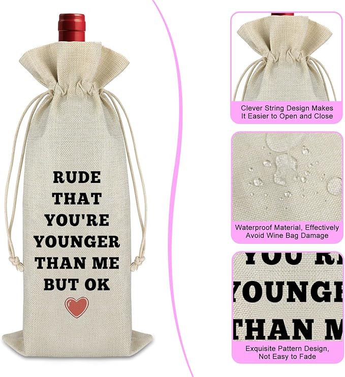 Birthday Gifts for Women Funny Birthday Wine Bags Happy Birthday Gift for Daughter Grandma Reusable Drawstring Burlap Wine Wrap Bag 18th 20th 30th 40th 50th 60th 70th Birthday Gift for Mom Friends