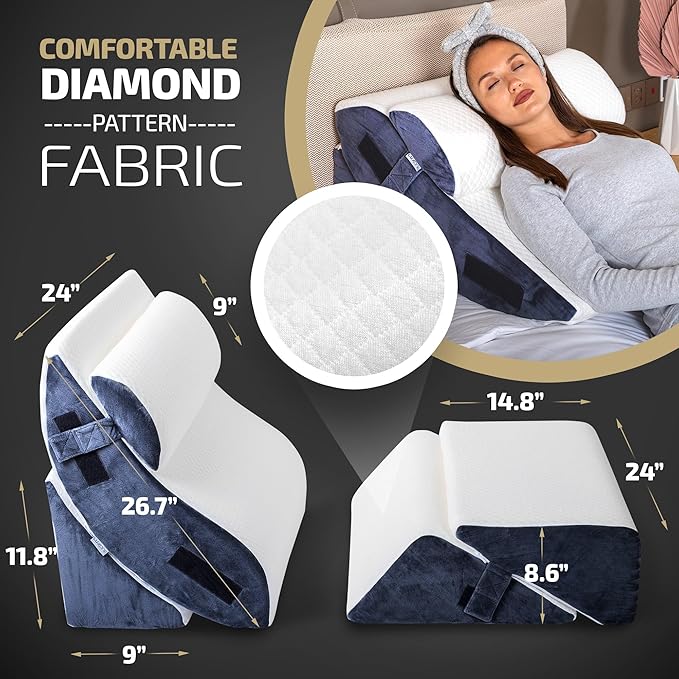 5pcs Orthopedic Bed Wedge Pillow Set w/Leg Elevation Pillow - Perfect Adjustable Memory Foam Pillows for After Surgery Recovery, Back Support, Pain Relief, Acid Reflux, Sleeping & GERD
