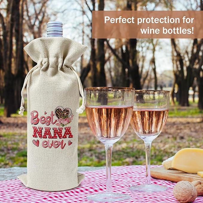 Best Nana Ever Wine Gift Bag, Grandma Gifts for Grandma from Grandchildren, Gift for Mimi Gigi Grandmother, 1pcs Reusable Burlap Wine Gift Bag for Wine Bottles, Mother's Day Holiday Party Favor -23