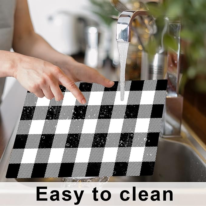 Black and White Plastic Placemats Set of 6 Check Plaid Table Mats Black Buffalo Plaid Place Mats Wipe Clean Washable Table Placemats for Indoor Outdoor Heat Resistant Kitchen Dining Table