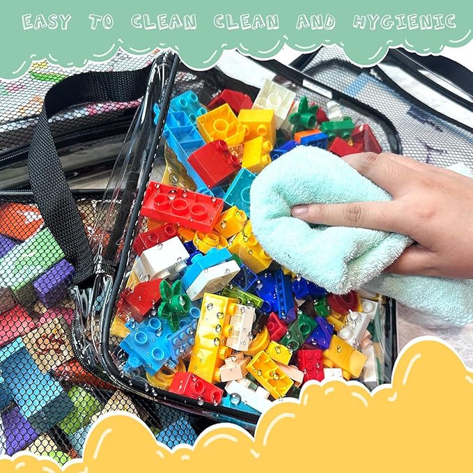 4 Packs PVC Toy Zippered Blocks, Travel Storage Case Bags for Organizing, Waterproof Toy Storage Bags with Mesh Pockets for Building Blocks, Puzzles, Clays,Toy Cars 13.3"Lx3" Wx10.4" H (Black).