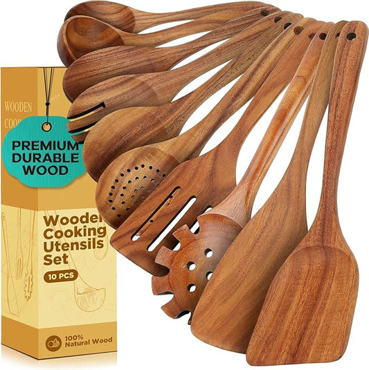 ANBUY Teak Wood Kitchen Utensils Set, Heat Resistant Wooden Spoons for Cooking, 10 Pcs Cooking Utensils Set Wooden, Wood Utensils Set for Cooking Food