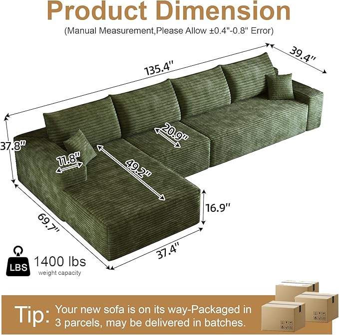 108" Sectional Couches for Living Room Modern Modular Sofa with L-Shape Couchs Upholstered Boneless Couch Deep Seat Sectional Couch with Chaise (Green, Left Facing Chaise+3Seaters)