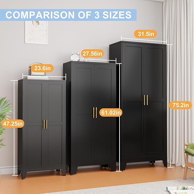Black Metal Storage Cabinet, 48" Steel Cabinets for Home Office, Kitchen Pantry Storage Cabinet with Doors and 3 Adjustable Shelves, for Office, Home, Garage, School
