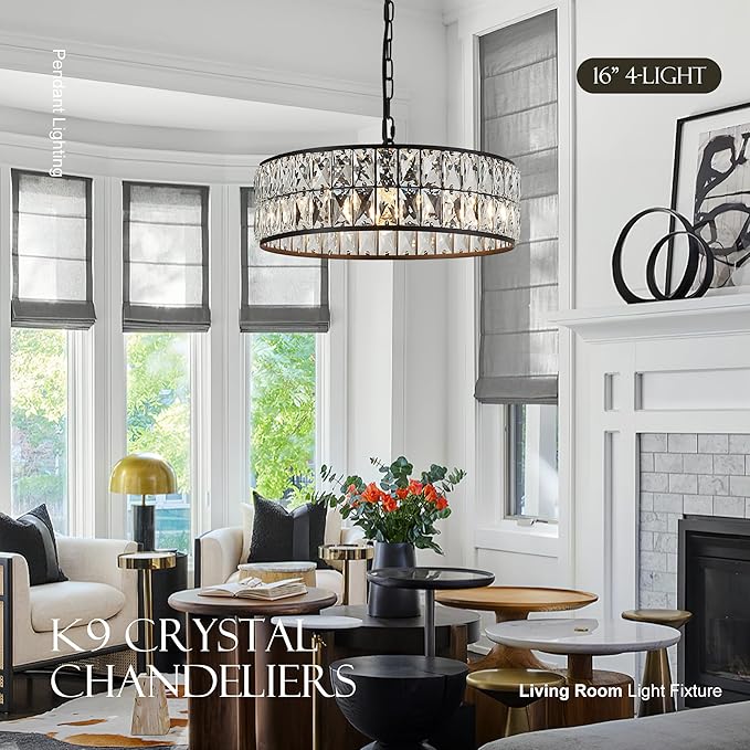 16” 4-Light Modern Crystal Chandeliers Black Dinning Room Light Fixture, Round Pendant Light Kitchen Island Chandelier, Flush Mount Ceiling Light for Living Room Entryway Bedroom Foyer
