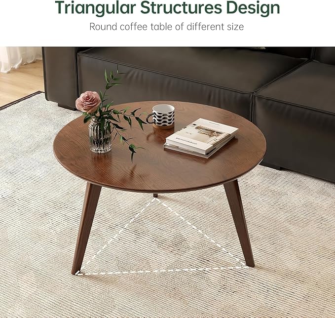 100% Solid Oak Wood Coffee Table Set, Round Coffee Table Combo Side Table w/Solid Wood Legs, Mid Century Table Sturdy Tables for Bedroom Balcony Living Room (Walnut, 3 Pieces)