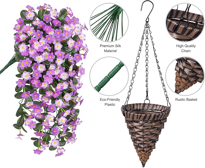 Artificial Fake Hanging Flowers with Basket for Outdoor Decoration,UV Resistant Faux Silk Light Fuchsia and Fuchsia Orchid Flowers Vines in Planter Realistic Hanging Baskets for Home Porch Garden