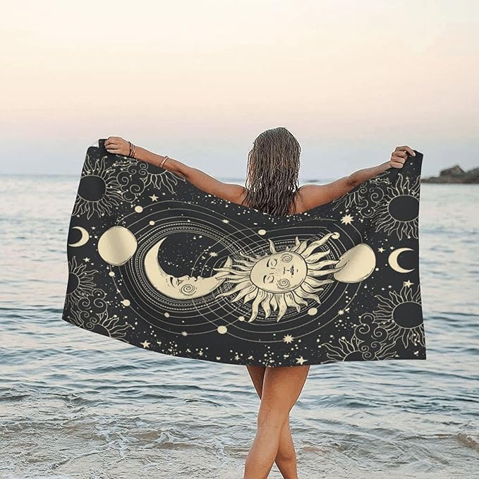 Beach Towel Oversized, Mystical Tarot Card Sun Moon Face Microfiber Beach Towels, Lightweight, Absorbent, Quick Dry, Sand-Free Beach Blanket, Unique Gift for Camping, Pool,Yoga, 29.5” X 59”