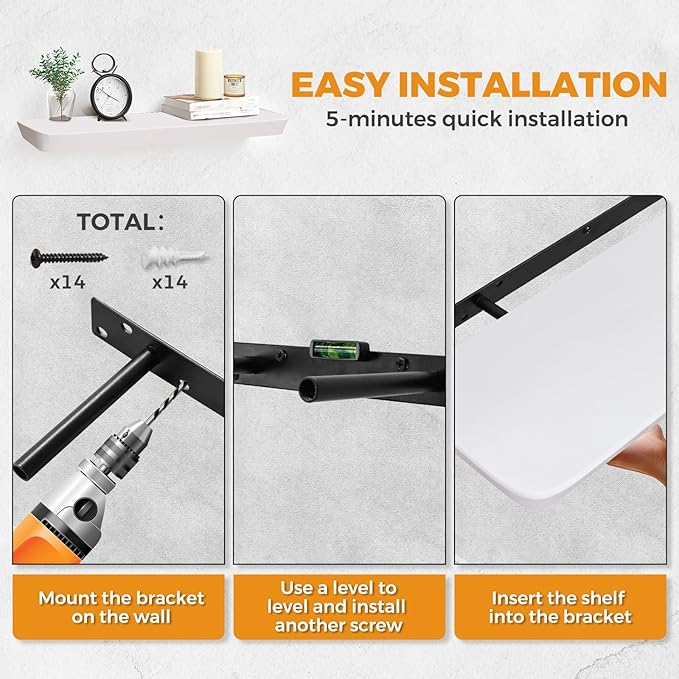 24"x6.8"x1.6" Slanted Floating Wall Shelves 2-Pack - Rustic White Finish, Heavy-Duty Solid Wood Design with Hidden Brackets - Perfect for Living Room, Kitchen, Bathroom, or Office