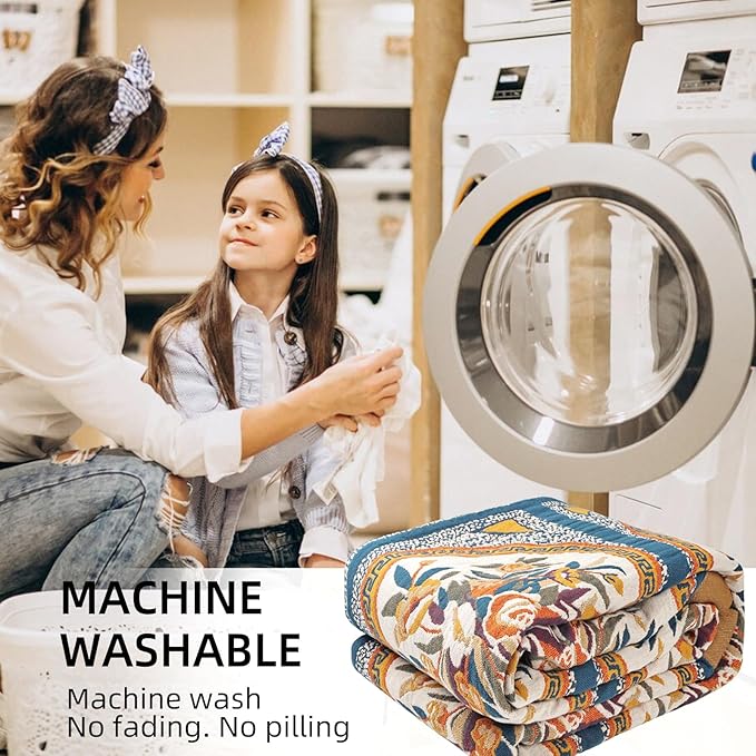 Boho Throw Blanket for Bed - 100% Pure Cotton Ultra Soft Rustic Quilt - Farmhouse Decor Bed Blankets, All Season Rustic Throw for Sofa Couch Chair(80''x 90'', Floral)