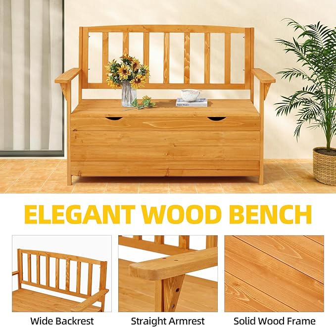 AVAWING Outdoor Storage Bench, Wooden Garden Bench Weatherproof, Patio Benches for Outside, 2-Seat Front Porch Bench, Park Bench for Deck, Lawn, Backyard (Yellow)