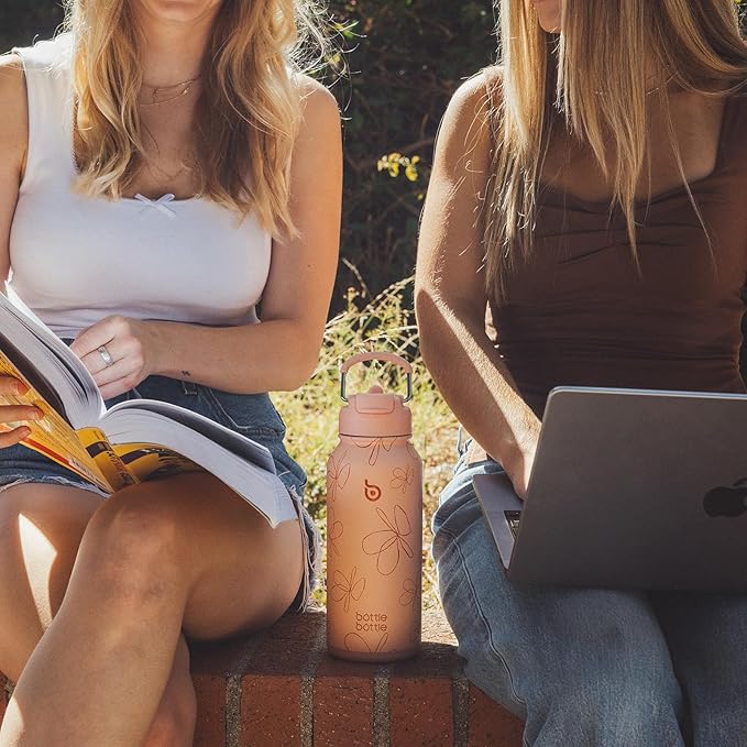 BOTTLE BOTTLE 32oz Insulated Water Bottle Stainless Steel Sport Water Bottle with Straw Dual-use Lid Design for Gym with Pill Box (yellow flower)
