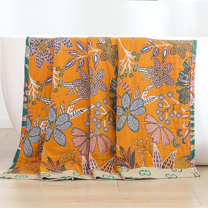 Boho Throw Blankets Reversible Luxurious Cotton Bed Throws with Vintage Bohemian Design & Yellow/Green Lightwight Floral Decor Blanket, Perfect as Bed Sofa Quilt 80" x 90"