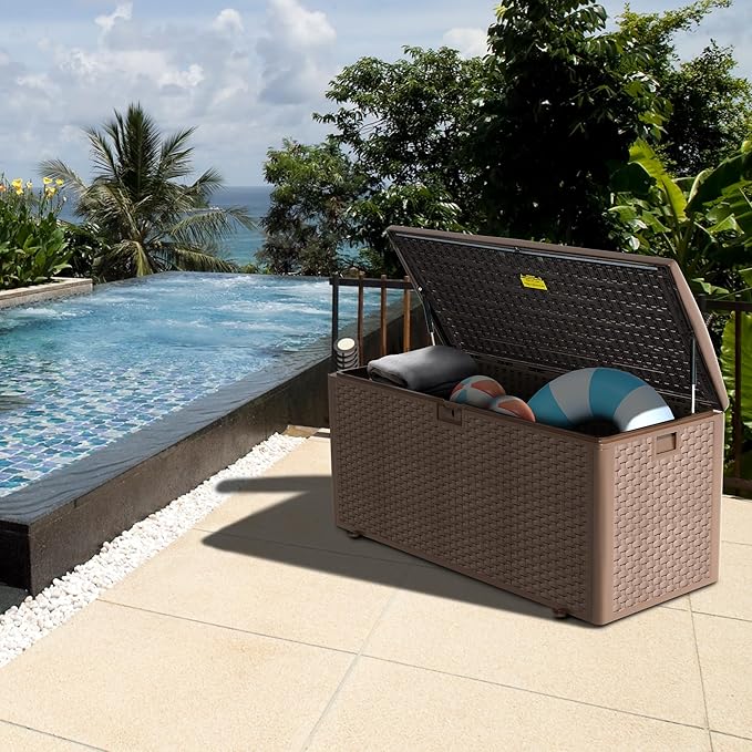 180 Gallon Pro Outdoor Storage Box Waterproof Lockable Resin Deck Box Large, Patio Storage Bin for Pool Accessories Cushion Furniture, Garden Tools, UV-Resistant Outside Delivery Brown