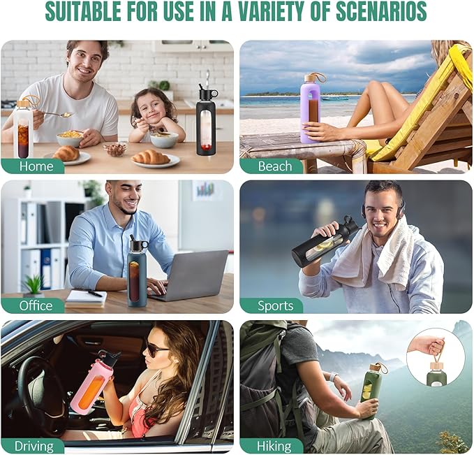 24oz Glass Water Bottle With 2 Lids-Flip Straw Lid, Bamboo Lid, Glass Water Bottle With Silicone Sleeve, Motivational Time Marker, Glass Juice Bottle for Cold Drink,Light Blue