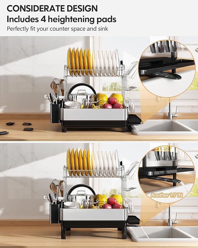 BOOSINY Dish Drying Rack with Drainboard, Stainless Steel Dish Rack, 2 Tier Extra Large Dish Drainer with Cup Holder and Utensil Holder for Kitchen Counter