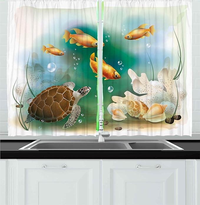 Ambesonne Turtle Kitchen Curtains, Ocean Life Illustration Aquarium Tropical Animals Goldfishes and Seashells, Window Drapes 2 Panel Set for Kitchen Cafe Decor, 55" x 24", Teal Orange