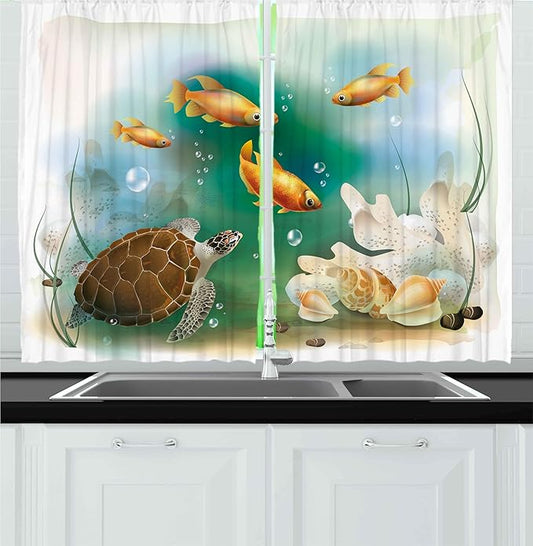 Ambesonne Turtle Kitchen Curtains, Ocean Life Illustration Aquarium Tropical Animals Goldfishes and Seashells, Window Drapes 2 Panel Set for Kitchen Cafe Decor, 55" x 24", Teal Orange