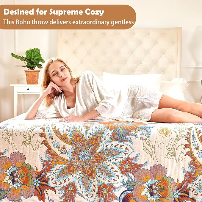 Boho Throw Blanket, 100% Organic Cotton Breathable Ultra Soft Bed Quilt Throw - All Season Floral Bird Butterfly Farmhouse Decor Blanket for Sofa Couch Chair and Gift. 60" x 80"