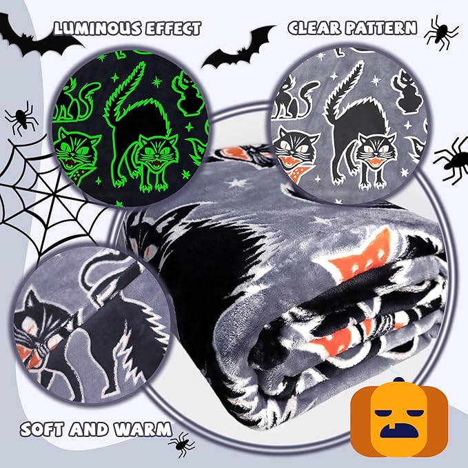Black Cat Blanket Glow in The Dark Blanket for Adults Cat Lovers Halloween Blanket for Women Kids Halloween Decorations for Room