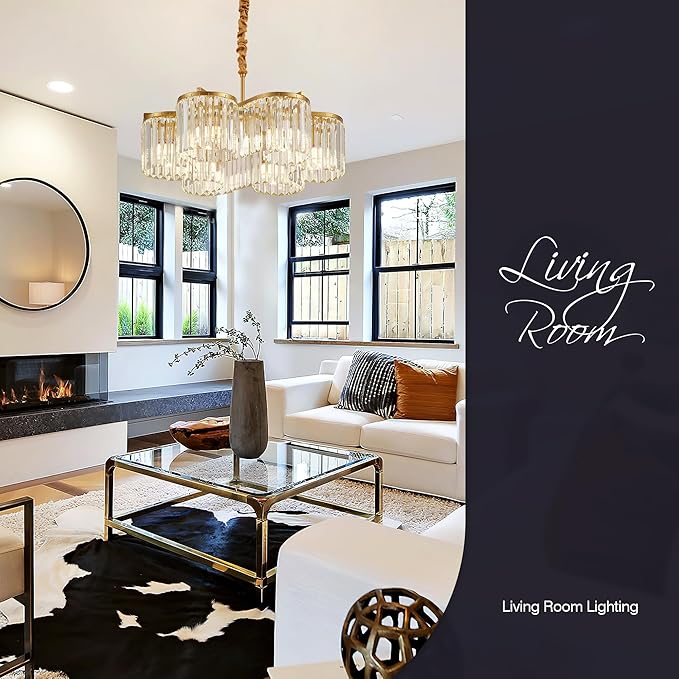 24.4“ Gold Semi Flush Mount Ceiling Light Fixtures, 6-Light Gold Modern Crystal Chandelier Height Adjustable Pendant Lighting for Bedroom Entryway Hallway Kitchen Island Living Room Foyer