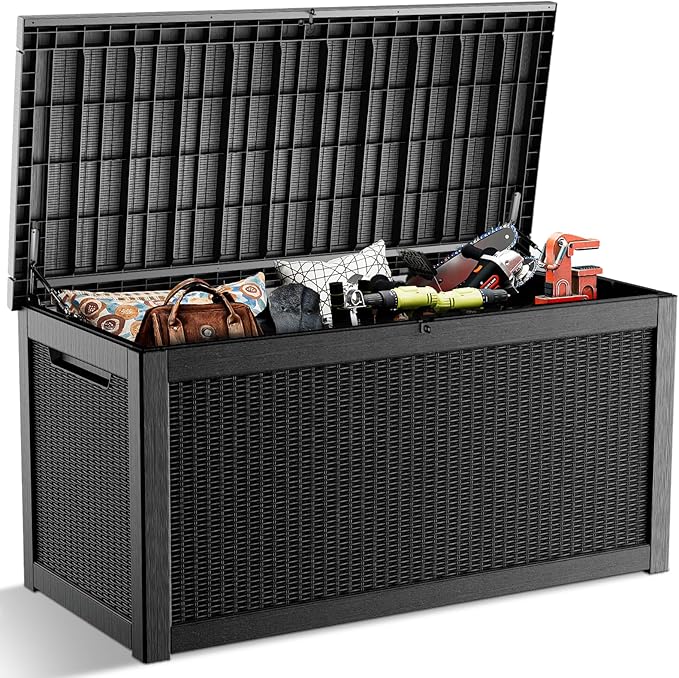268 Gallon Outdoor Deck Box,Storage Lockable Waterproof Patio Furniture,Garden Tools,Cushions,Pool Accessories Outside Storage Resin Box(Black)