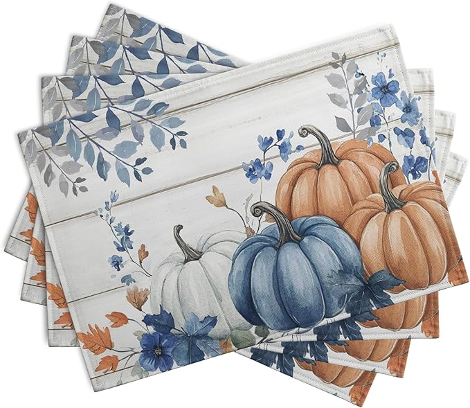 Autumn Placemats Blue Pumpkin Fall Place Mat Eucalyptus Leaves Floral Wood Grain Table Mats Thanksgiving Harvest Linen Placemat Party Kitchen Dining Decoration 12x18 Inch Set of 4