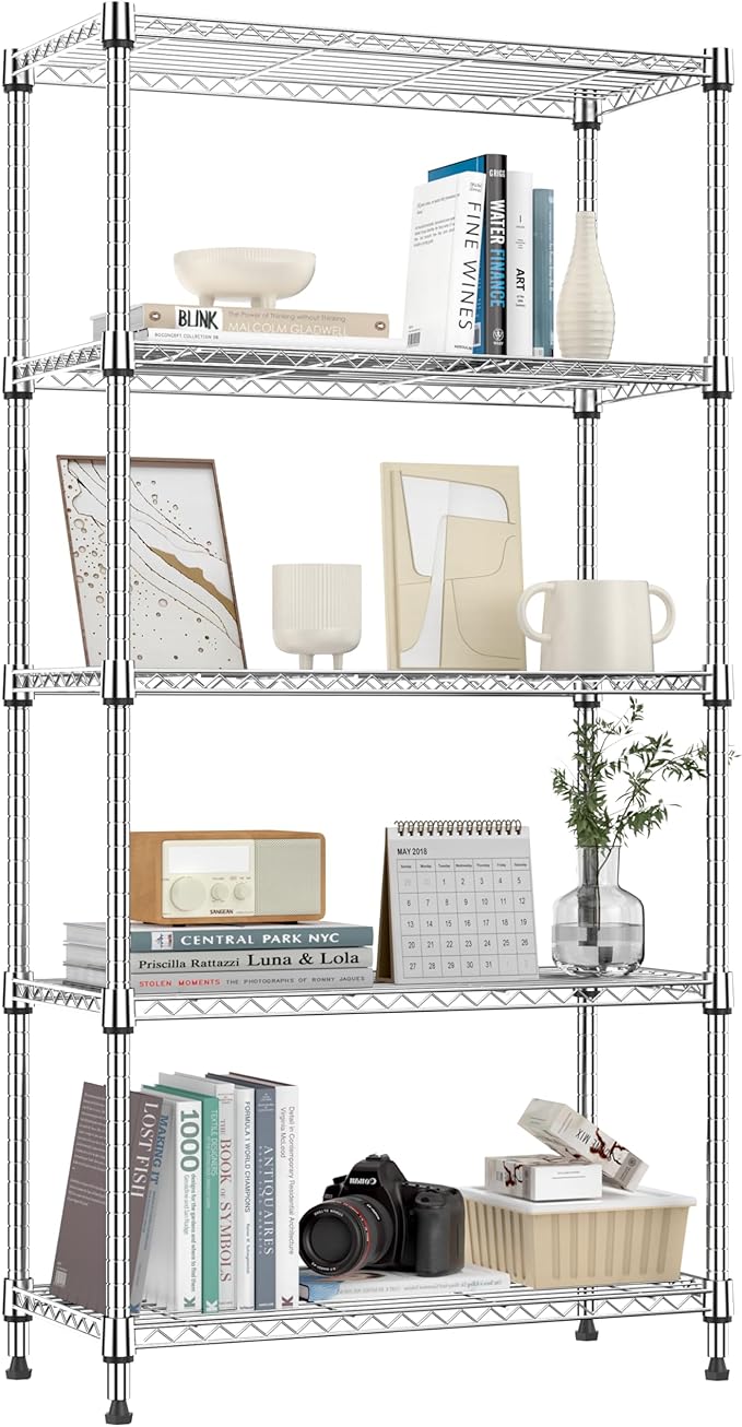 1250 lbs 5 Tier Shelf Metal Storage Shelves Shelving Wire Rack Heavy Duty Closet Organizers for Garage Kitchen Bathroom Laundry Chrome 13.8" D x 29.5" W x 59.5" H
